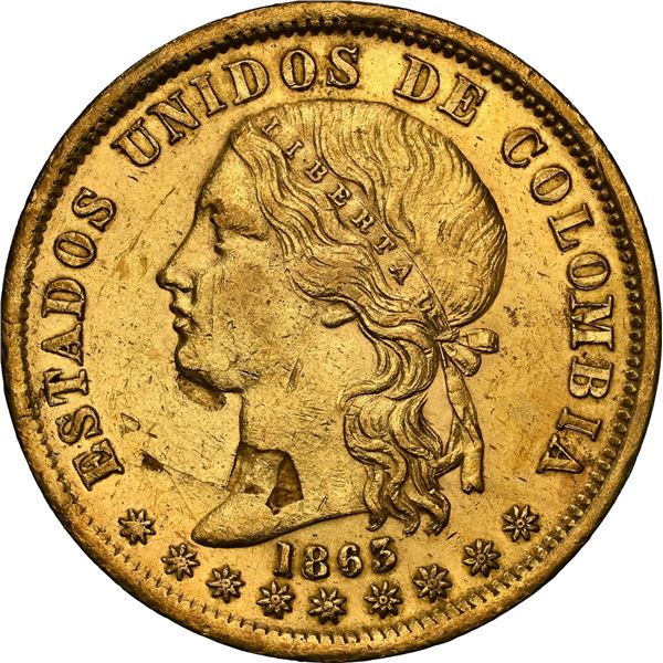 COLOMBIA, Bogotá, gold 20 pesos, 1863, NGC AU 58, ex-JEAS.