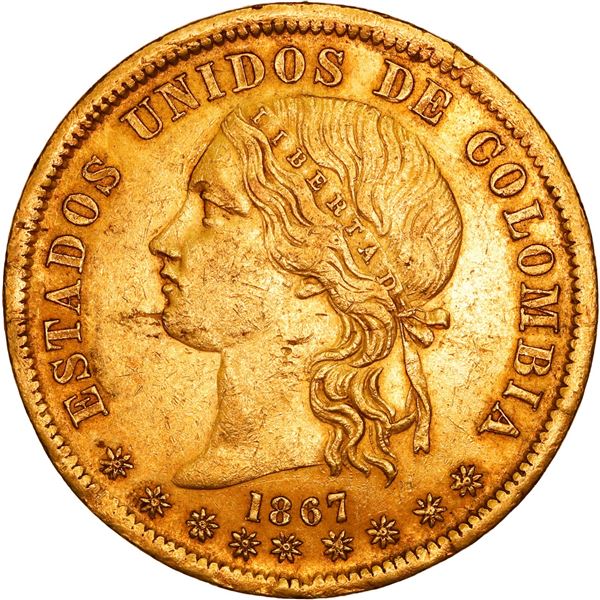 COLOMBIA, Bogotá, gold 20 pesos, 1867, rare, ex-JEAS.