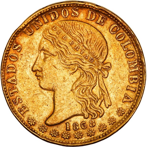 COLOMBIA, Medellín, gold 20 pesos, 1868, narrow forehead, ex-JEAS.