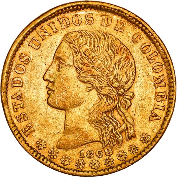 COLOMBIA, Medellín, gold 20 pesos, 1868, wide forehead, ex-JEAS.