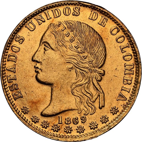 COLOMBIA, Medellín, gold 20 pesos, 1869, wide forehead, NGC UNC details / cleaned, ex-JEAS.