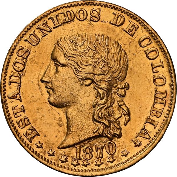 COLOMBIA, Popayán, gold 20 pesos, 1870, NGC MS 61, ex-JEAS.