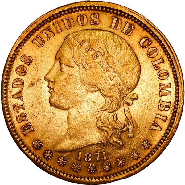 COLOMBIA, Bogotá, gold 20 pesos, 1871, ex-JEAS.