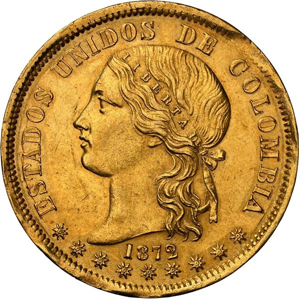 COLOMBIA, Bogotá, gold 20 pesos, 1872, NGC MS 62, ex-JEAS.