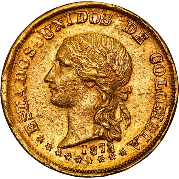 COLOMBIA, Popayán, gold 20 pesos, 1874/3, ex-JEAS.