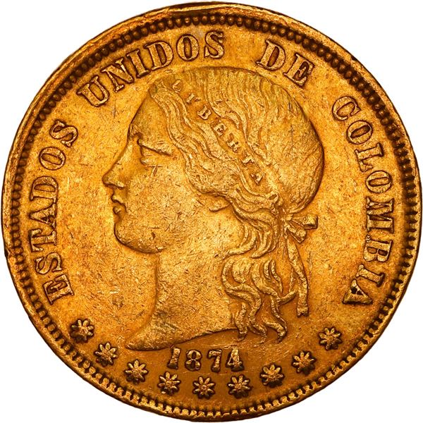 COLOMBIA, Bogotá, gold 20 pesos, 1874, ex-JEAS.