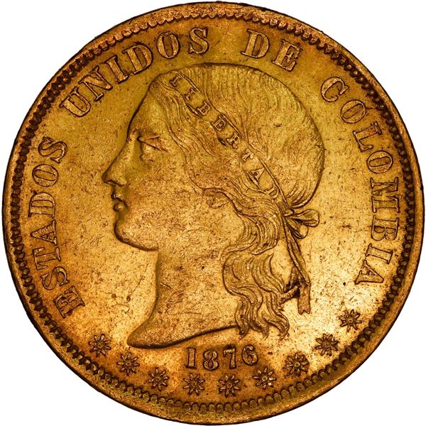 COLOMBIA, Bogotá, gold 20 pesos, 1876, rare, ex-JEAS.