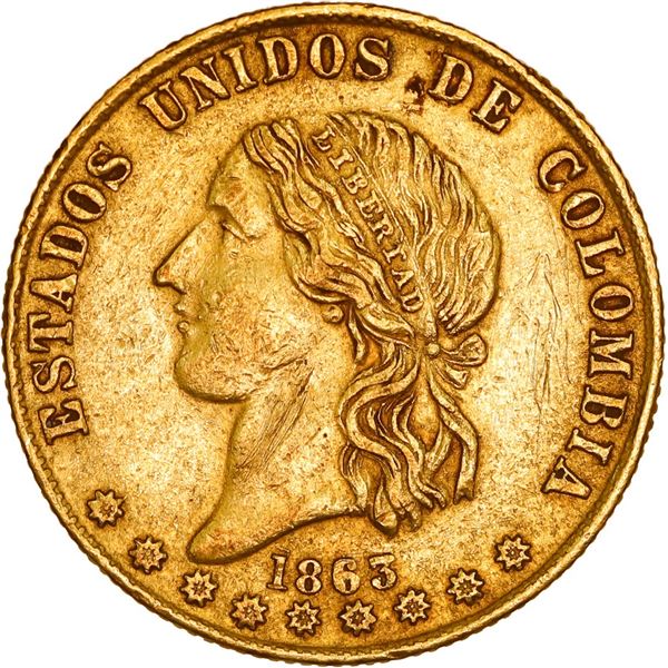 COLOMBIA, Bogotá, gold 10 pesos, 1863, large head, ex-JEAS.