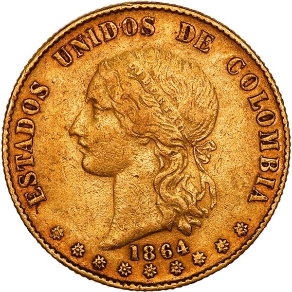 COLOMBIA, Bogotá, gold 10 pesos, 1864, ex-JEAS.