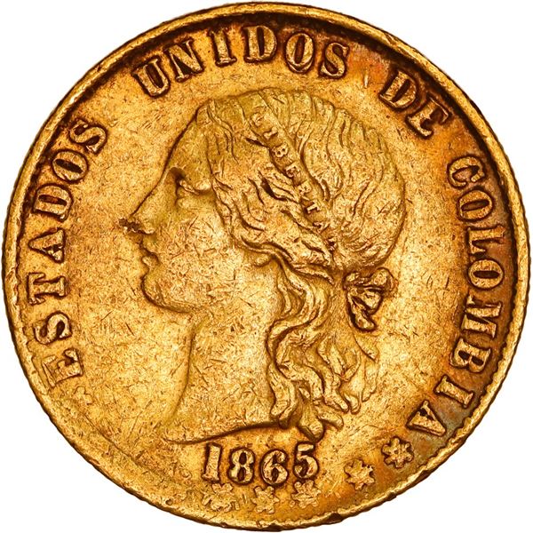 COLOMBIA, Popayán, gold 10 pesos, 1865, ex-JEAS.
