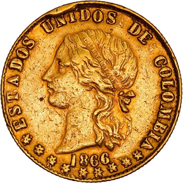 COLOMBIA, Popayán, gold 10 pesos, 1866, ex-JEAS.