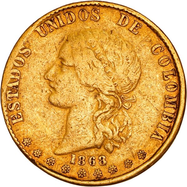 COLOMBIA, Medellín, gold 10 pesos, 1868, Bogotá effigy, reverse of 1867, ex-JEAS.