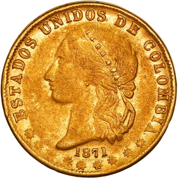 COLOMBIA, Medellín, gold 10 pesos, 1871, effigy of Medio Peso type, ex-JEAS.