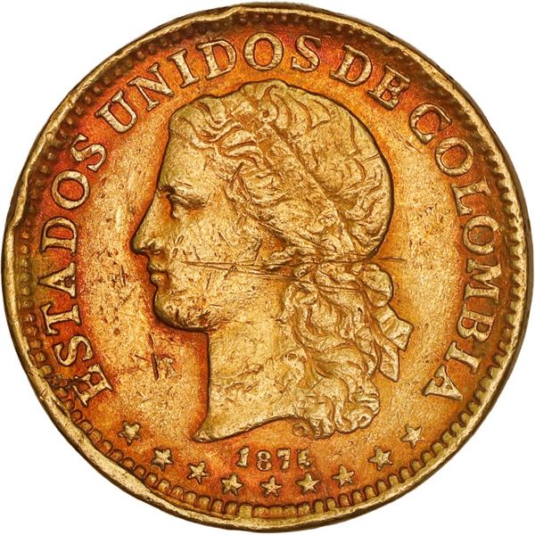 COLOMBIA, Medellín, gold 10 pesos, 1876/5, ex-JEAS.