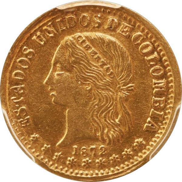 COLOMBIA, Medellín, gold 2 pesos, 1872, PCGS AU55.