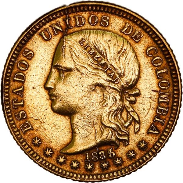 COLOMBIA, Medellín, gold 2 pesos, 1885/74, fineness 0.666/0.900, very rare, ex-JEAS.