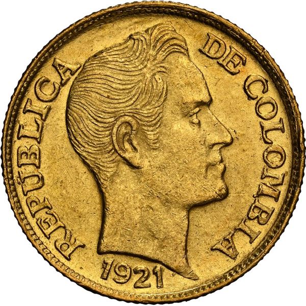 COLOMBIA, Medellín, gold 5 pesos, 1921, medal alignment, mintmark A to right, rare, NGC MS 62, ex-JE