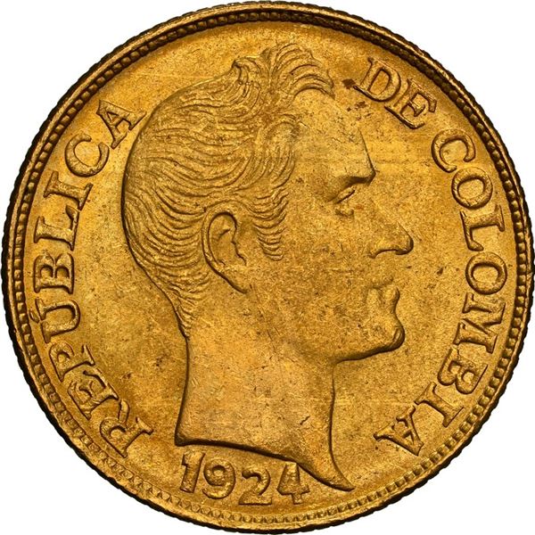 COLOMBIA, Bogotá, gold 5 pesos, 1924, mintmark B to left, NGC MS 63, ex-JEAS.