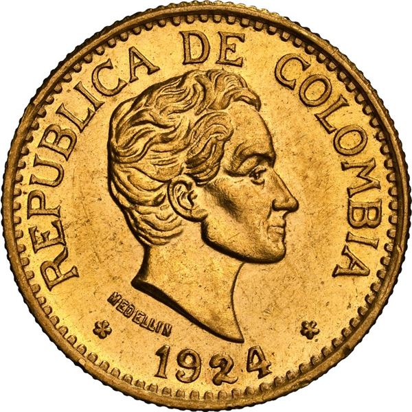 COLOMBIA, Medellín, gold 5 pesos, 1924, normal date, NGC MS 62, ex-JEAS.