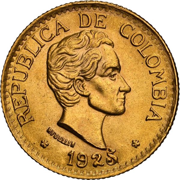 COLOMBIA, Medellín, gold 5 pesos, 1925, 5 in date with die-crack, NGC MS 63, ex-JEAS.