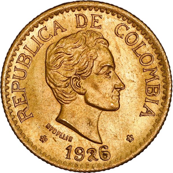 COLOMBIA, Medellín, gold 5 pesos, 1926, 2/2 in date, NGC MS 64, ex-JEAS.