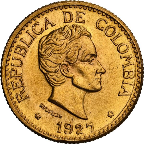 COLOMBIA, Medellín, gold 5 pesos, 1927, NGC MS 63+, ex-JEAS.