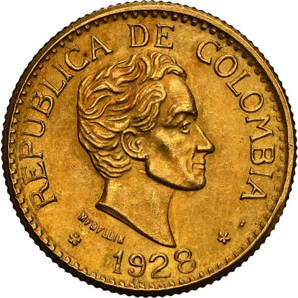 COLOMBIA, Medellín, gold 5 pesos, 1928, NGC MS 63, ex-JEAS.