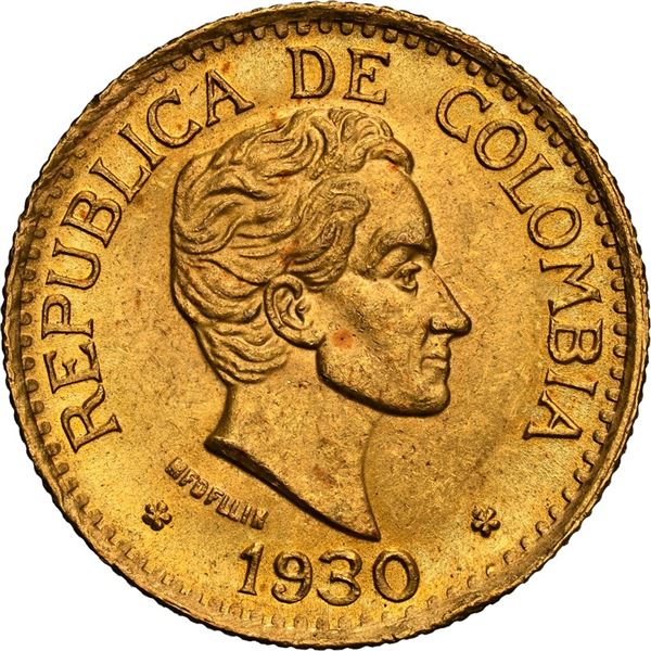 COLOMBIA, Medellín, gold 5 pesos, 1930, NGC MS 64, ex-JEAS.