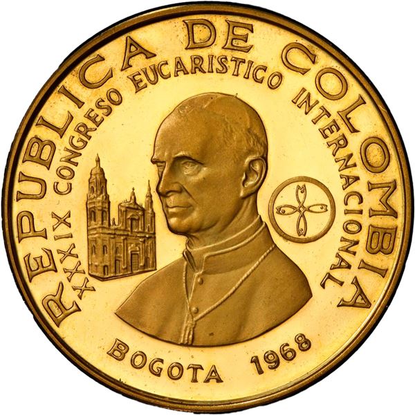 COLOMBIA, gilt brass uniface obverse of 1500 pesos, 1968, International Eucharistic Congress, PCGS S