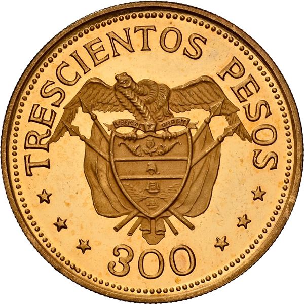 COLOMBIA, gilt brass proof uniface reverse of 300 pesos, (1968), Eucharistic Congress, NGC PF 65 Ult