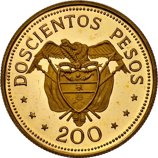 COLOMBIA, gilt brass proof uniface reverse of 200 pesos, (1968), Eucharistic Congress, NGC PF 64 Ult