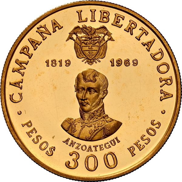 COLOMBIA, gilt brass proof uniface obverse of 300 pesos, 1969, Battle of Boyacá - Anzoátegui, NGC PF
