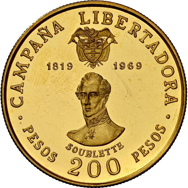 COLOMBIA, gilt brass proof uniface obverse of 200 pesos, 1969, Battle of Boyacá - Soublette, NGC PF