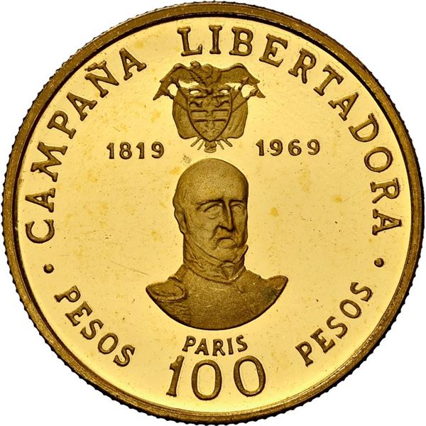 COLOMBIA, gilt brass proof uniface obverse of 100 pesos, 1969, Battle of Boyacá - Paris, NGC PF 65 U
