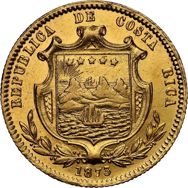 COSTA RICA, San José, gold 5 pesos, 1873 GW, "5 pesos" variety, NGC AU 58.