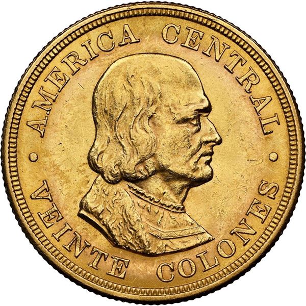 COSTA RICA, struck at the Philadelphia mint, gold 20 colones, 1899, NGC MS 62.