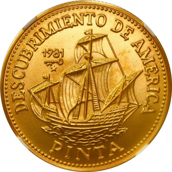 CUBA, Havana mint, gold 100 pesos, 1981, Columbus' ship Pinta, NGC MS 67 (EMO Collection Label).