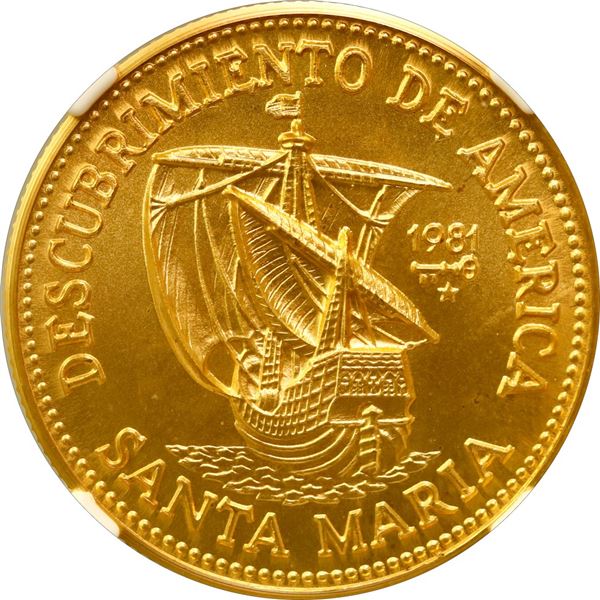 CUBA, Havana mint, gold 100 pesos, 1981, Columbus' ship Santa María, NGC MS 68 (EMO Collection Label