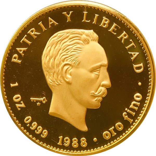 CUBA, Havana mint, gold proof piefort 100 pesos, 1988, José Martí, NGC PF 69 Ultra Cameo (EMO Collec