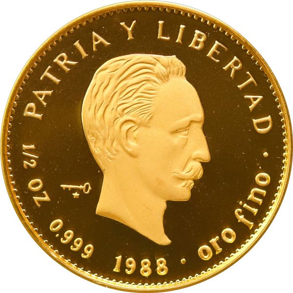 CUBA, Havana mint, gold proof piefort 50 pesos, 1988, José Martí, NGC PF 69 Ultra Cameo (EMO Collect