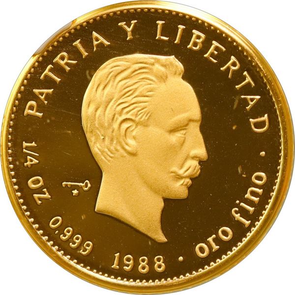 CUBA, Havana mint, gold proof piefort 25 pesos, 1988, José Martí, NGC PF 69 Ultra Cameo (EMO Collect