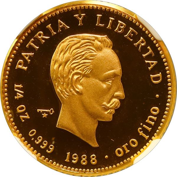 CUBA, Havana mint, gold proof 25 pesos, 1988, José Martí, NGC PF 68 Ultra Cameo (EMO Collection Labe