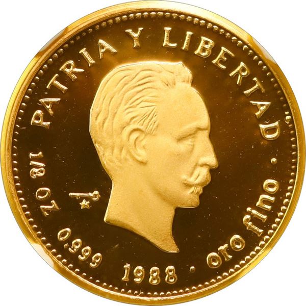 CUBA, Havana mint, gold proof piefort 15 pesos, 1988, José Martí, NGC PF 69 Ultra Cameo (EMO Collect