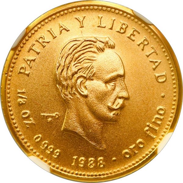 CUBA, Havana mint, gold 15 pesos, 1988, José Martí, NGC MS 69 (EMO Collection Label), "top pop."
