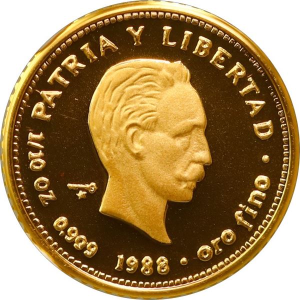 CUBA, Havana mint, gold proof piefort 10 pesos, 1988, José Martí, NGC PF 69 Ultra Cameo (EMO Collect