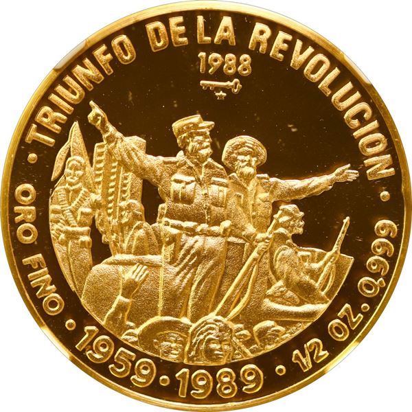 CUBA, Havana mint, gold proof 50 pesos, 1988, Triumph of the Revolution 30th Anniversary, NGC PF 67 