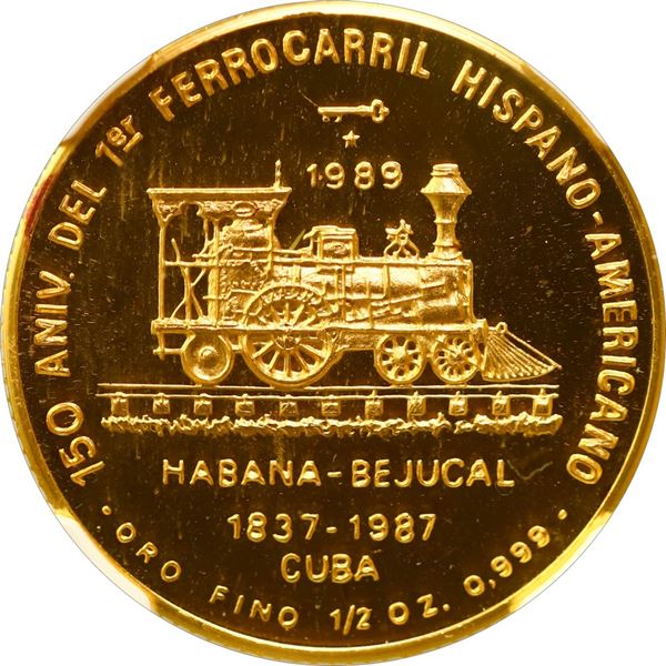CUBA, Havana mint, gold proof 50 pesos, 1989, First Train in Cuba 150th Anniversary, NGC PF 67 Ultra