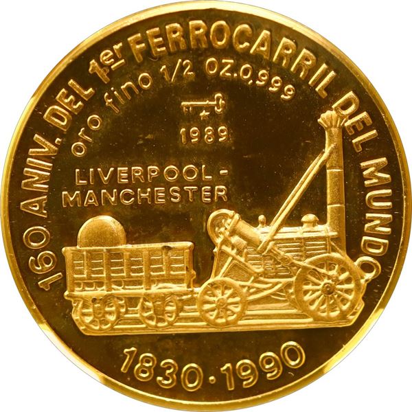 CUBA, Havana mint, gold proof 50 pesos, 1989, First Train in England 160th Anniversary, NGC PF 68 Ul