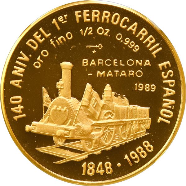CUBA, Havana mint, gold proof piefort 50 pesos, 1989, First Train in Spain 140th Anniversary, NGC PF