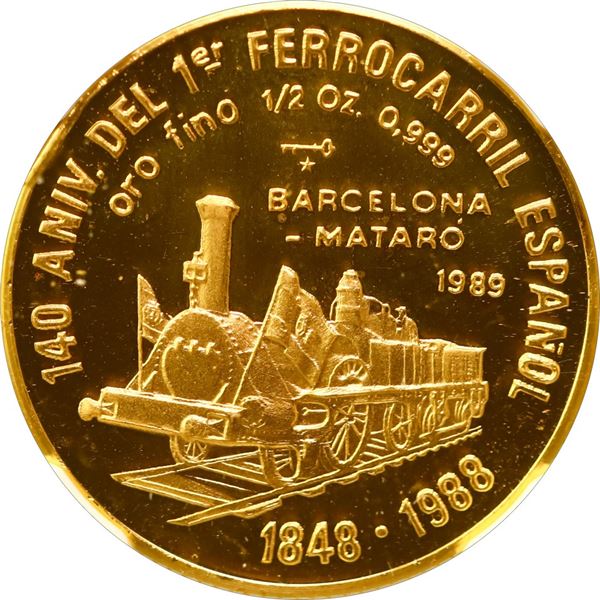 CUBA, Havana mint, gold proof 50 pesos, 1989, First Train in Spain 140th Anniversary, NGC PF 68 Ultr
